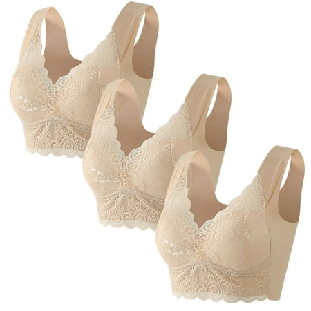 LYEAA Lace Bras for Women Plus Size 3 Pack of Push Up No Wire Pullover Bra Full Figure Lifting Wide Strap Everyday Bra Under Outfit Bra Solid Breathable T-Shirt Bra Sleep Bra Shapewear Bra Brown 4XL
