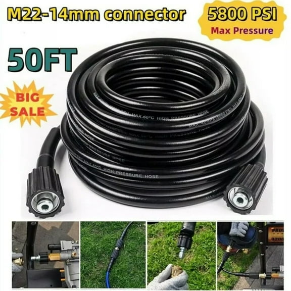 Pressure Washer Hose 50FT – 5800 PSI Ultra-Flexible M22-14mm Power Cleaning Line, Kink-Resistant Car Wash Extension for Electric Washer, Universal Outdoor Use