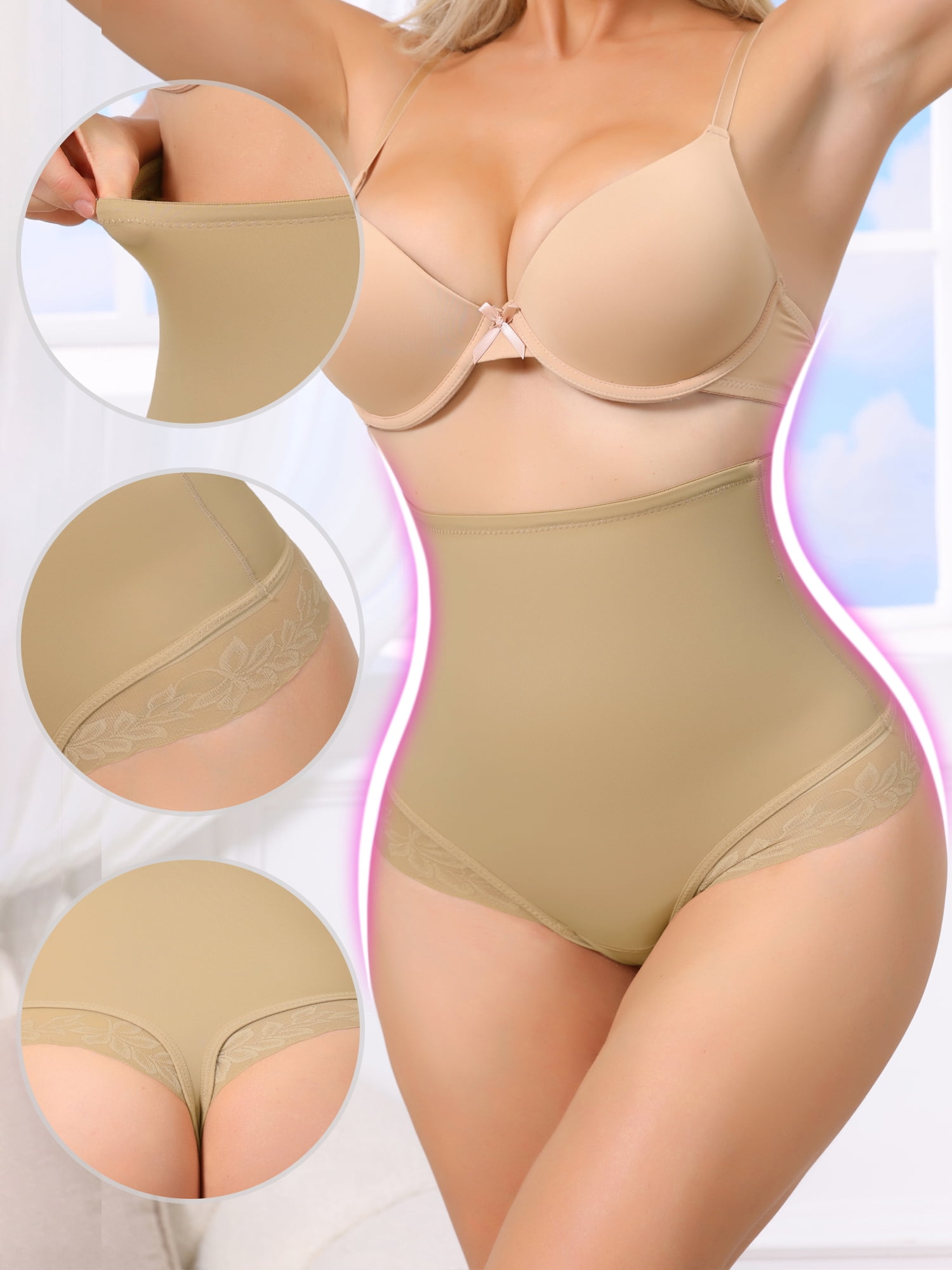 DARING DIVA Women's High Waisted Shapewear Thong for Tummy Control S Beige