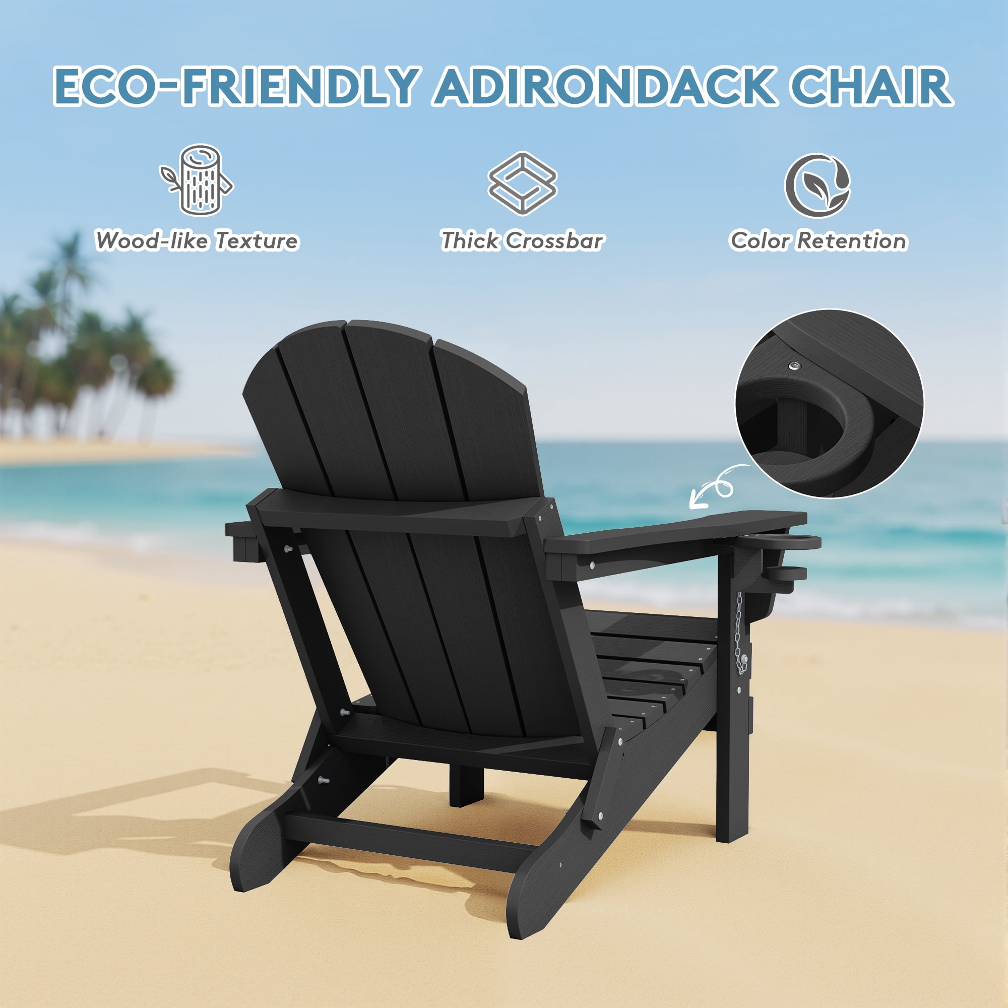 SERWALL Folding Adirondack Chair Set of 2 with Cup Holder, All Weather Outdoor Patio Adirondack Chairs, Durable HIPS Fire Pit Chairs for Deck, Garden, Black