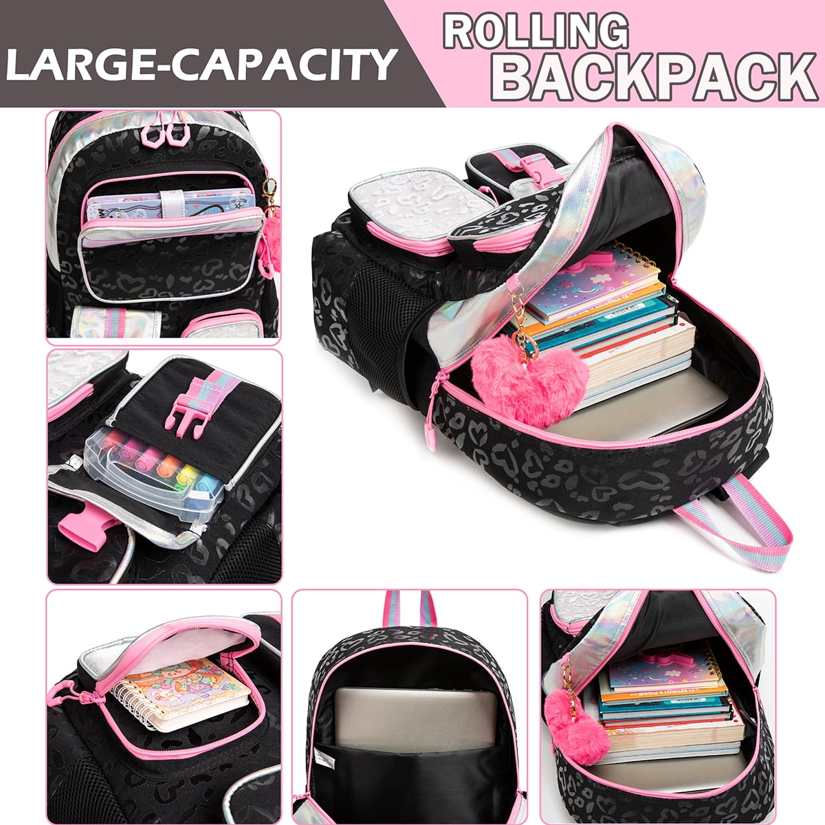 Rolling Backpack for Girls with Wheels,Wheeled School Bags for Elementary Students Trolley Bookbag for Ages 8-10 17 Inch