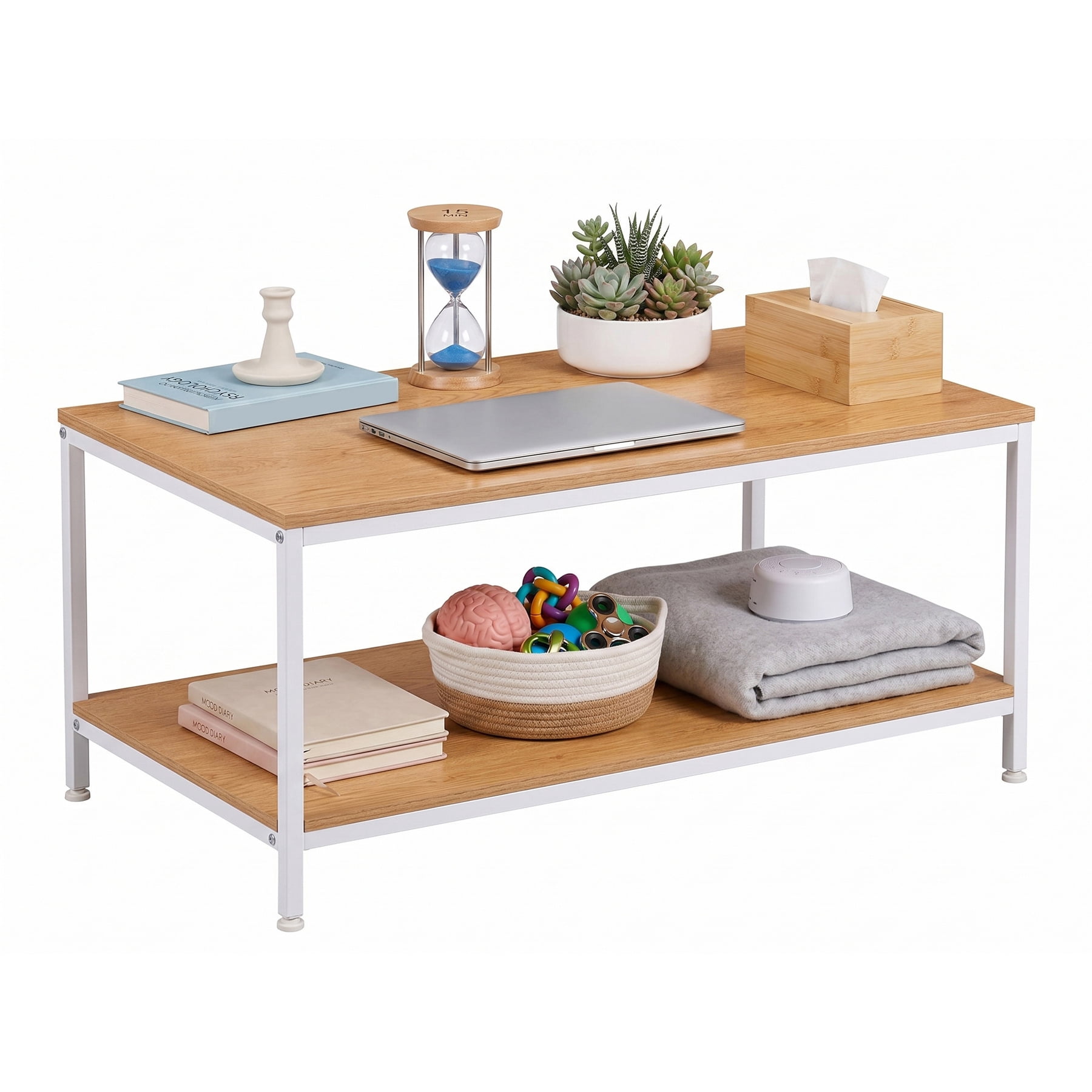 HomGarden 39.4" Modern Rectangle 2-Tier Coffee Table Wood Cocktail Table Home Office, Natural
