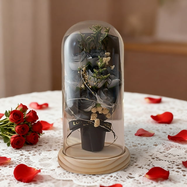 Ramo de Rosas Preservadas | Flores Artificiales Negras, Azules y Caqui con Guirnalda de Luces | Regalo Romántico Duradero y Sin Mantenimiento | Decoración para El Hogar y La Oficina | Adorno de Recue