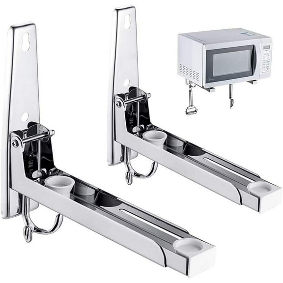 2 Pieces 304 Stainless Steel Microwave Stands, Microwave Holder with Extendable Arm, with 2 Hooks, Wall Mount Microwave Shelf, for Microwave and Oven