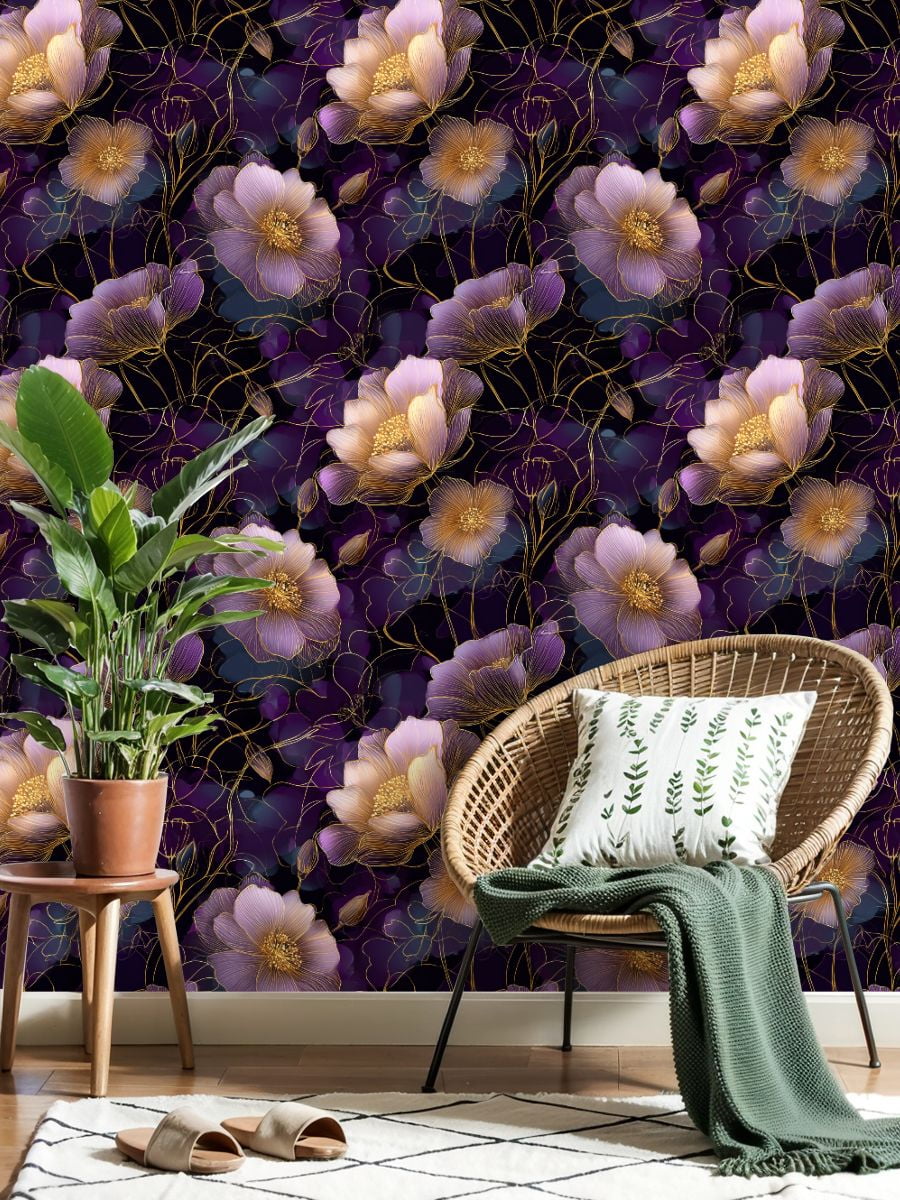 Peel and Stick Wallpaper Elegant Floral Purple Gold Flowers Dark Wall Mural 23.6in x 9.8ft Self Adhesive Removable Wall Paper Renter Friendly Wallpaper for Nursery Bedroom Cabinets