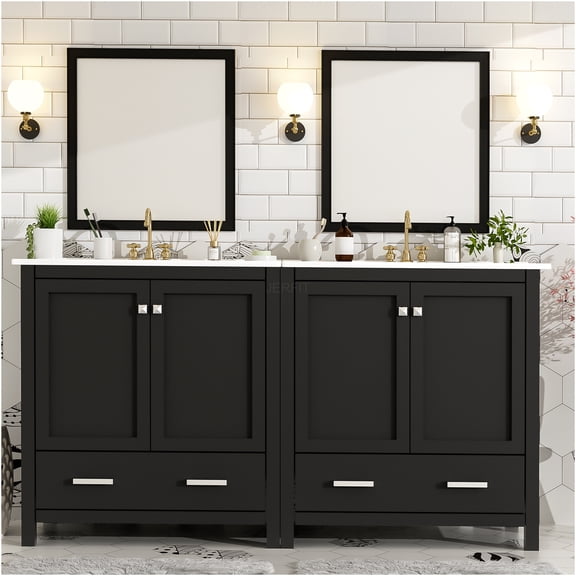 JERFIT 60-Inch Black Double Sink Bathroom Vanity Set with Separate Cabinets, Ceramic Undermount Sinks, Storage Shelves & Organizer Drawers