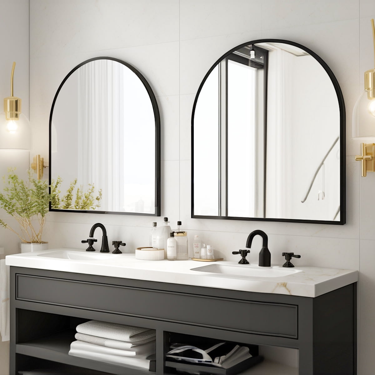 AUROMIR 32"x34" Arched Wall Mounted Bathroom Mirror Arched Vanity Mirror, Black