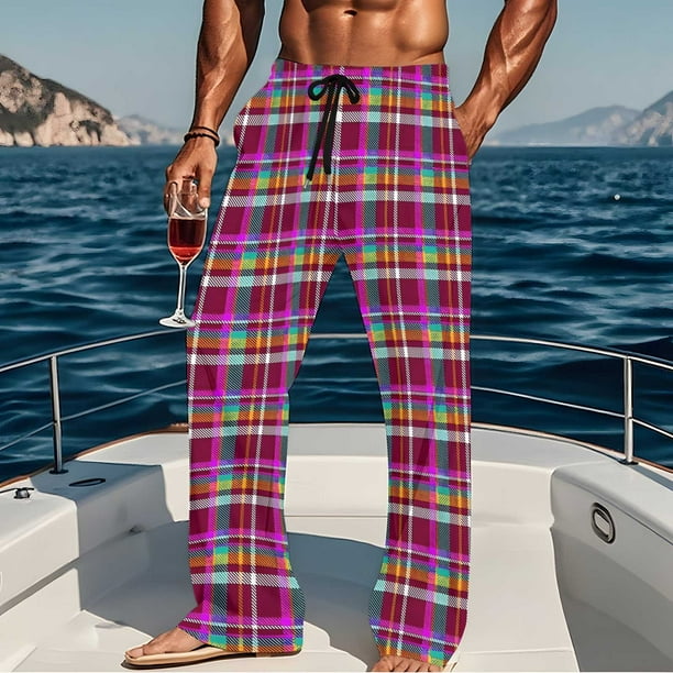 Pantalones de pijama largos para hombre, informales, con estampado a cuadros, holgados, deportivos, elásticos, rectos, vintage, con bolsillos
