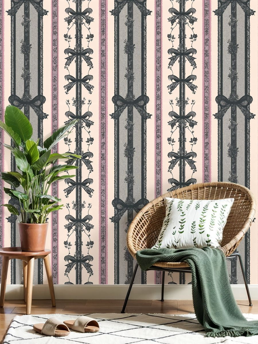 Peel and Stick Wallpaper Ornate Victorian Ribbon Floral Stripe Soft Pink Black Wall Mural 17.7in x 9.8ft Self Adhesive Removable Wall Paper Renter Friendly Wallpaper for Bedroom