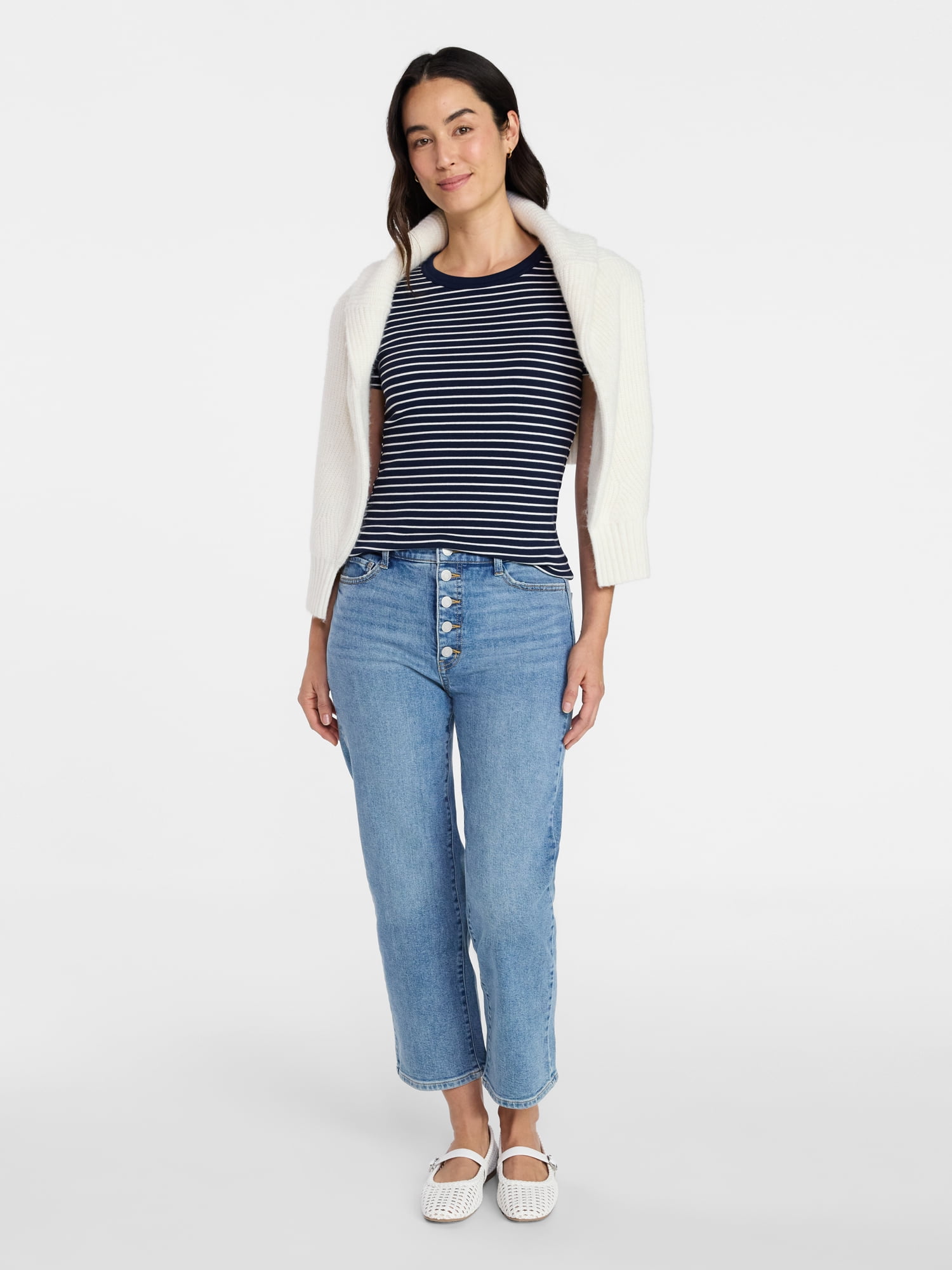 Time and Tru Women's High Rise Button Fly Cropped Jeans, 26.5" Inseam, Sizes 0-22