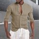 thumbnail image 2 of Camisa Hombre Botón sólido Fashion Casual Beach Blouse Men's O cuello Long Top Sleeve Men's blusa (Army Green, L), 2 of 3