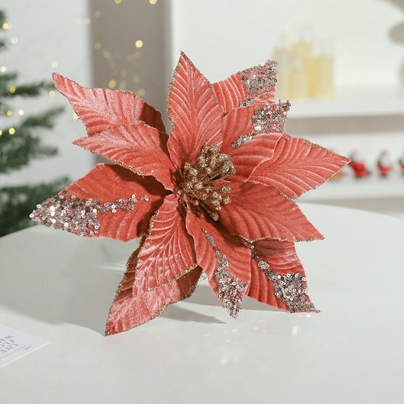 Christmas Flowers Christmas Tree Decorations, Large Glitter Poinsettia Flowers Stems Clips Velvet Fabric Floral Picks Christmas Flowers Christmas Tree Ornaments, Rose Gold