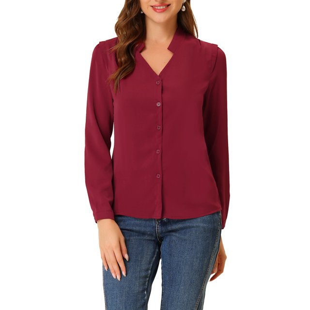 CAMISA DE BOTONES DE MANGA LARGA EN V ELEGANTE PARA MUJER CHIC XL ROJO VINO
