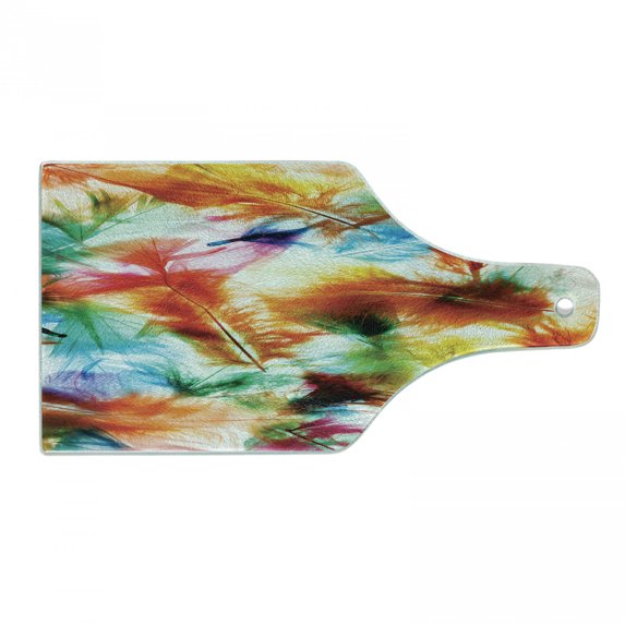 Colorful Cutting Board, Psychedelic Blurry Mix of Feathers Pure Energy of Love and Life Wing Art, Decorative Tempered Glass Cutting and Serving Board, Wine Bottle Shape, Multicolor, by Ambesonne