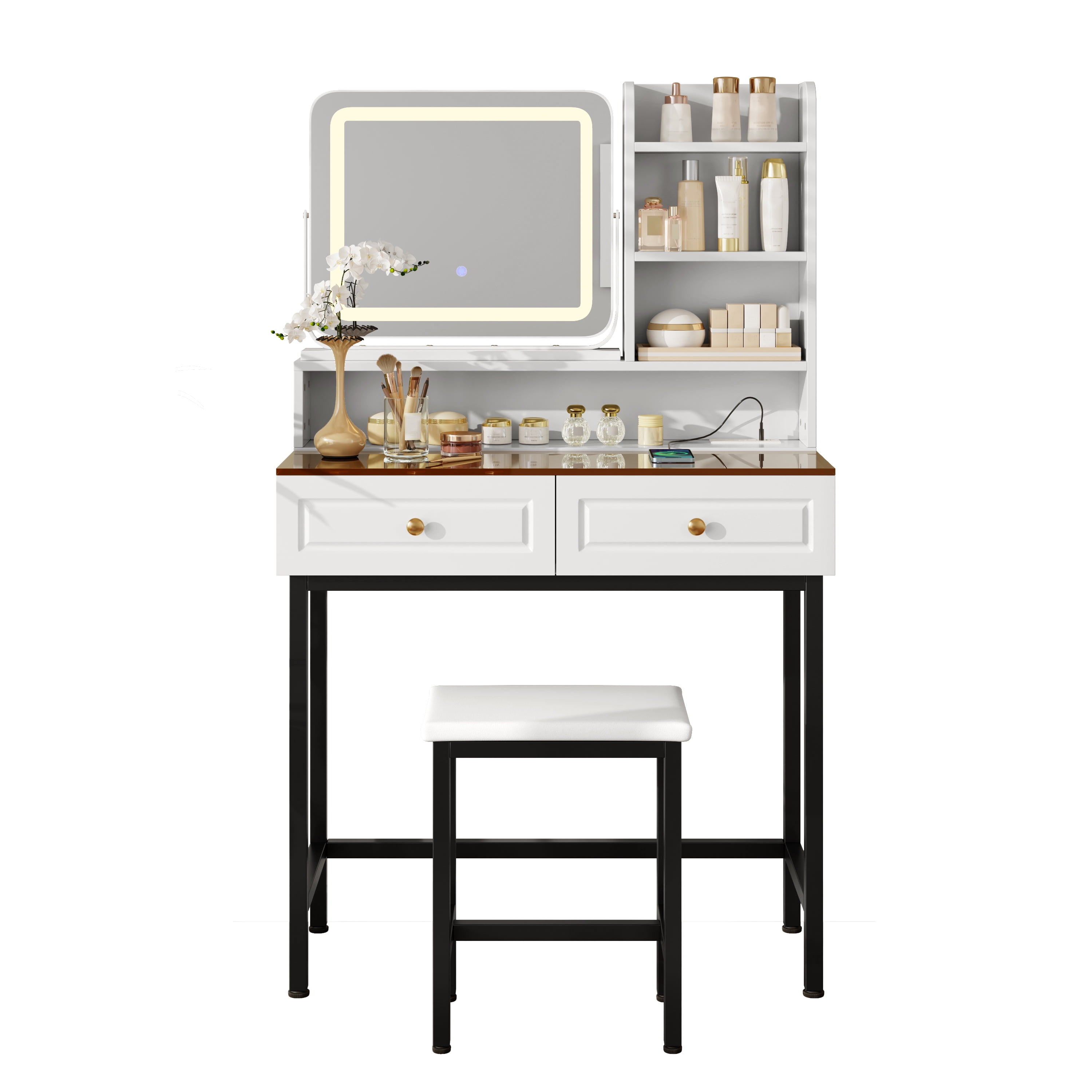 Euroco Makeup Vanity Desk with Mirror and Lights, Small Dressing Table Set with Stool,2 Drawers,Power Outlet and 3-Tier Shelves,Vanity Table with Amber Glass Table Top for Bedroom,White