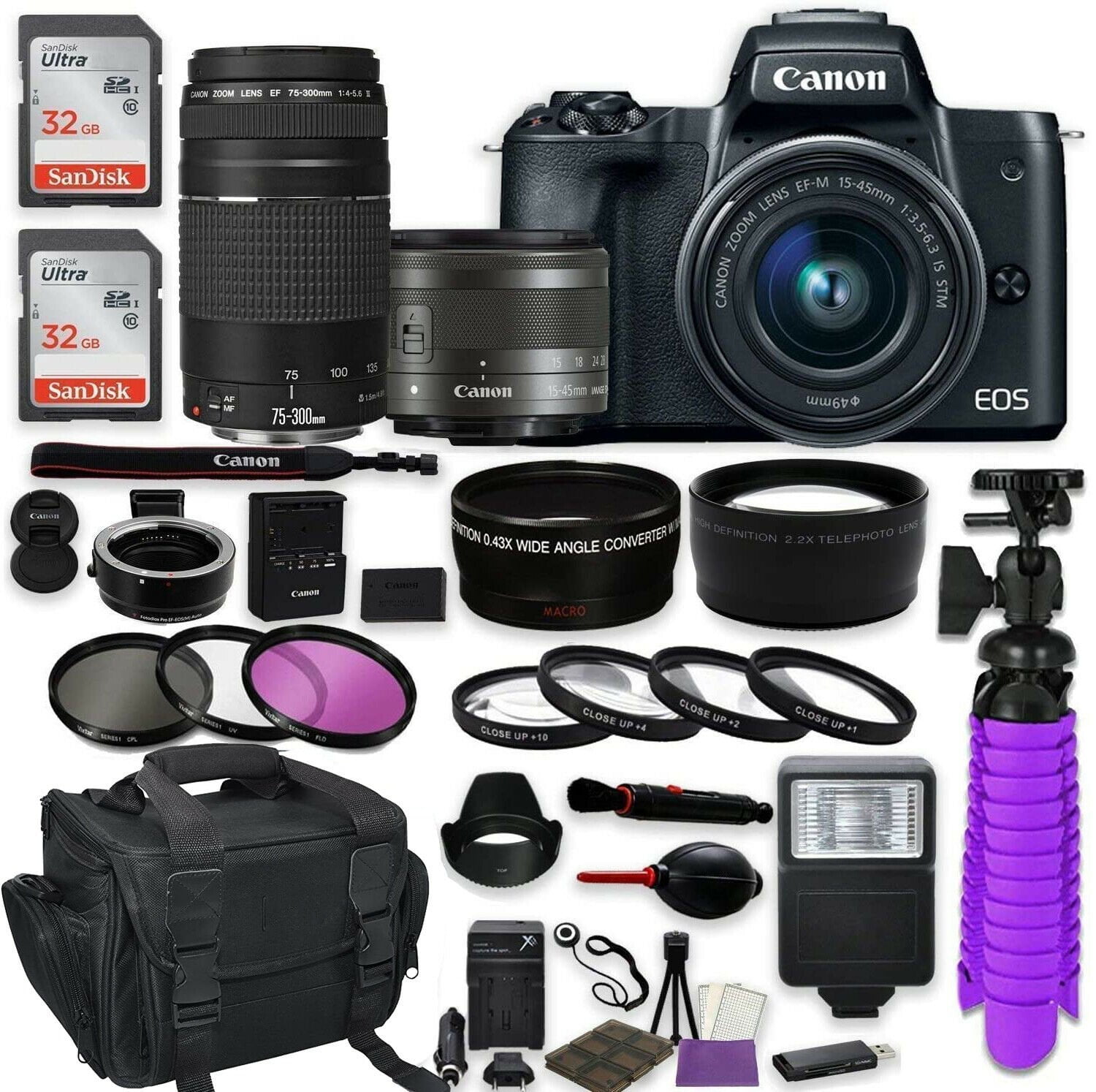 Elektropositief Thuisland Van Canon EOS M50 Mirrorless Digital Camera (Black) Premium Accessory Bundle  with EF-M 15-45mm IS STM Lens + EF 75-300mm + Canon Water Resistant Case +  64GB Memory + HD Filters + Auxiliary Lenses - Walmart.com