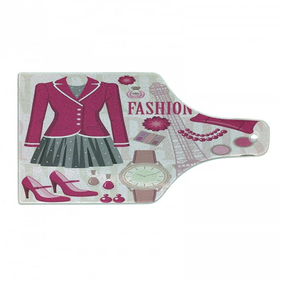 Fashion Cutting Board, Theme in Paris Outfits Dress Watch Purse Perfume Parisienne Landmark, Decorative Tempered Glass Cutting and Serving Board, Wine Bottle Shape, Beige Pink, by Ambesonne