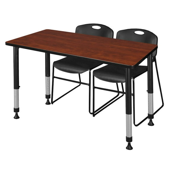 Kee 48" x 24" Adjustable Classroom Table - Cherry & 2 Zeng Stack Chairs- Black