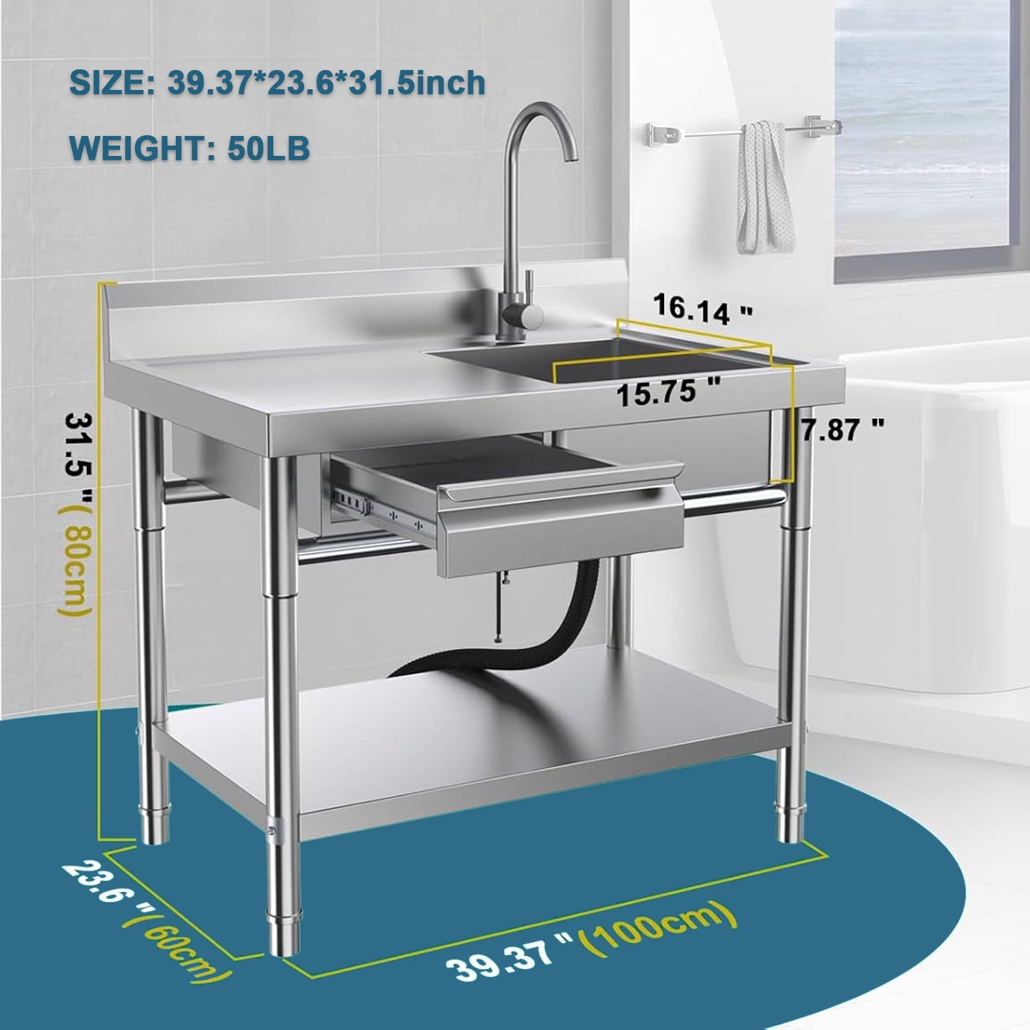 Stainless Steel Utility Sink Commercial Kitchen Sink 40'' Free Standing Tool Sink with Drawer & Cold and Hot Water Pipe for Kitchen Laundry Room Depot Indoor and Outdoor