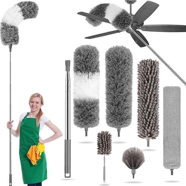Plumero de Limpieza 7 en 1, Sacudidor de Polvo Lavable, Plumero de microfibra retráctil, reutilizable y extraíble, para limpiar ventiladores de techo, techos altos, muebles y coches (Gris-7 piezas)