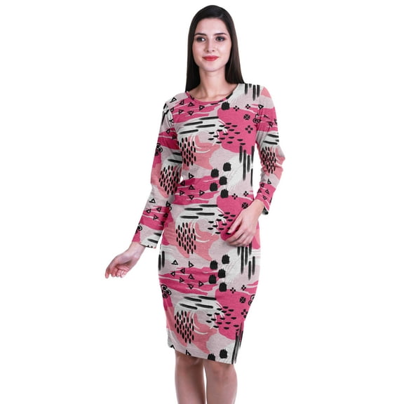 Moomaya Printed Full Sleeve Bodycon Dress for Women Scoop Neck Side Slit Casual Clothing