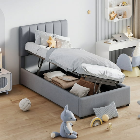 Twin Size Bed Frames Twin Size Upholstered Platform Bed with a Hydraulic Storage System, Gray,Adjustable Bed Base