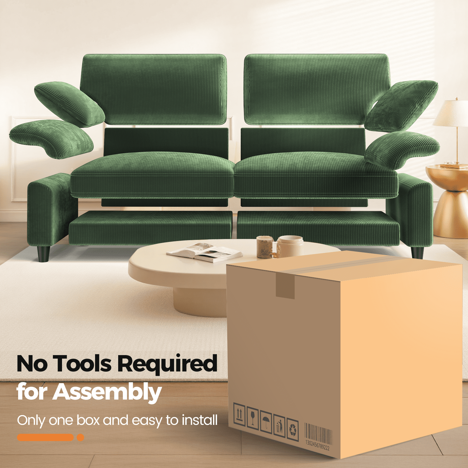 Patbrela 83" Corduroy Sofa, Loveseat Sofa with Extra Deep Seat Couches, Comfy Upholstered Couch for Living Room, No Assembly with 2 Pillows, Green