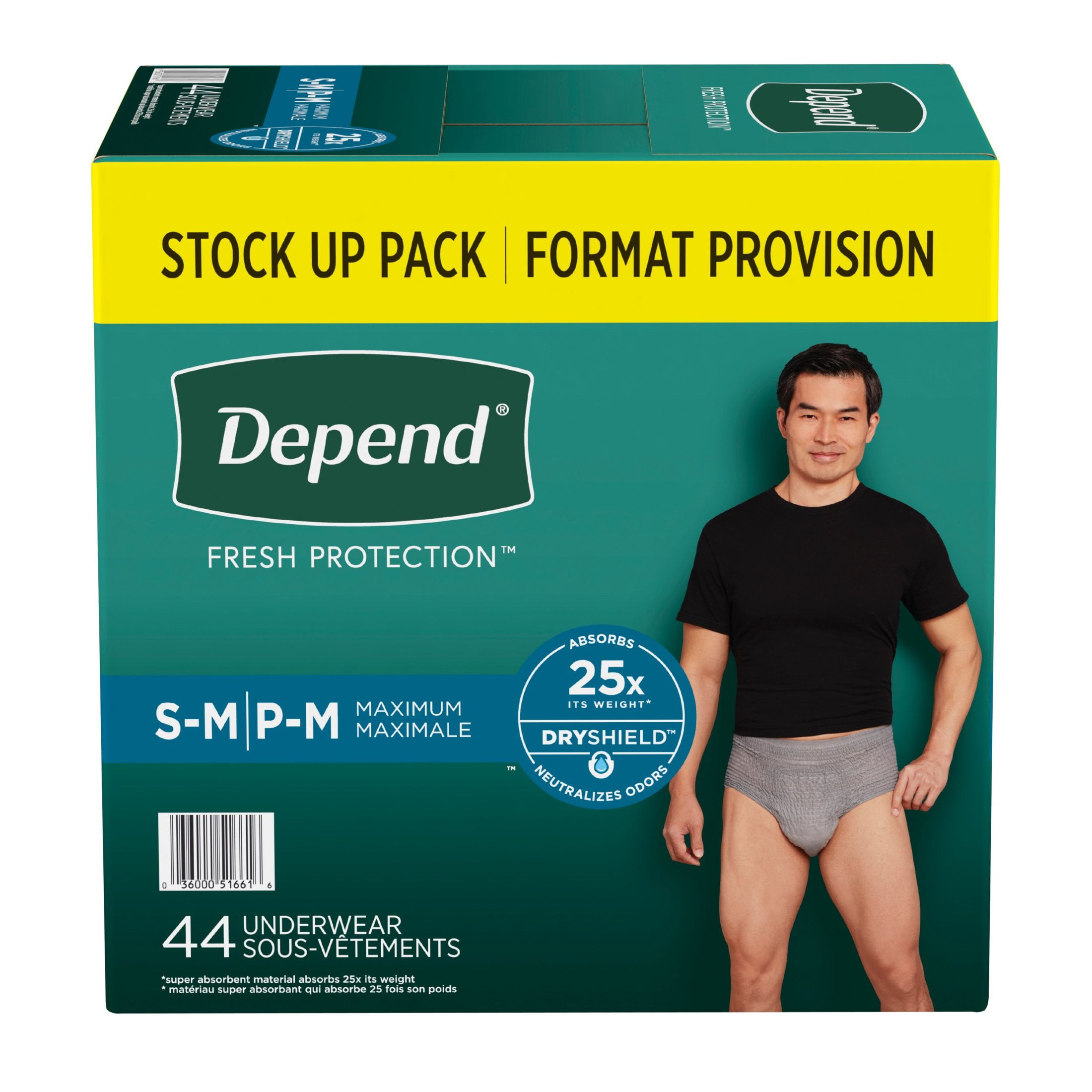 Depend Fresh Protection Incontinence Underwear for Men, Adult Diapers, S/M, 44 Count