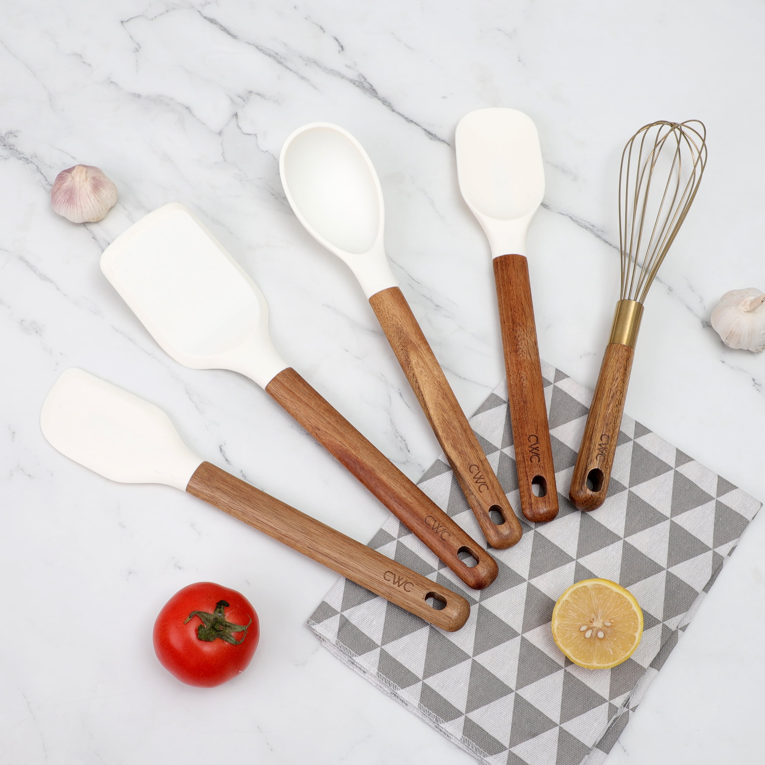 Cook with Color 5-Piece Wooden Cooking Utensils Set with Silicone Heads, Stylish & Durable Kitchen Tools