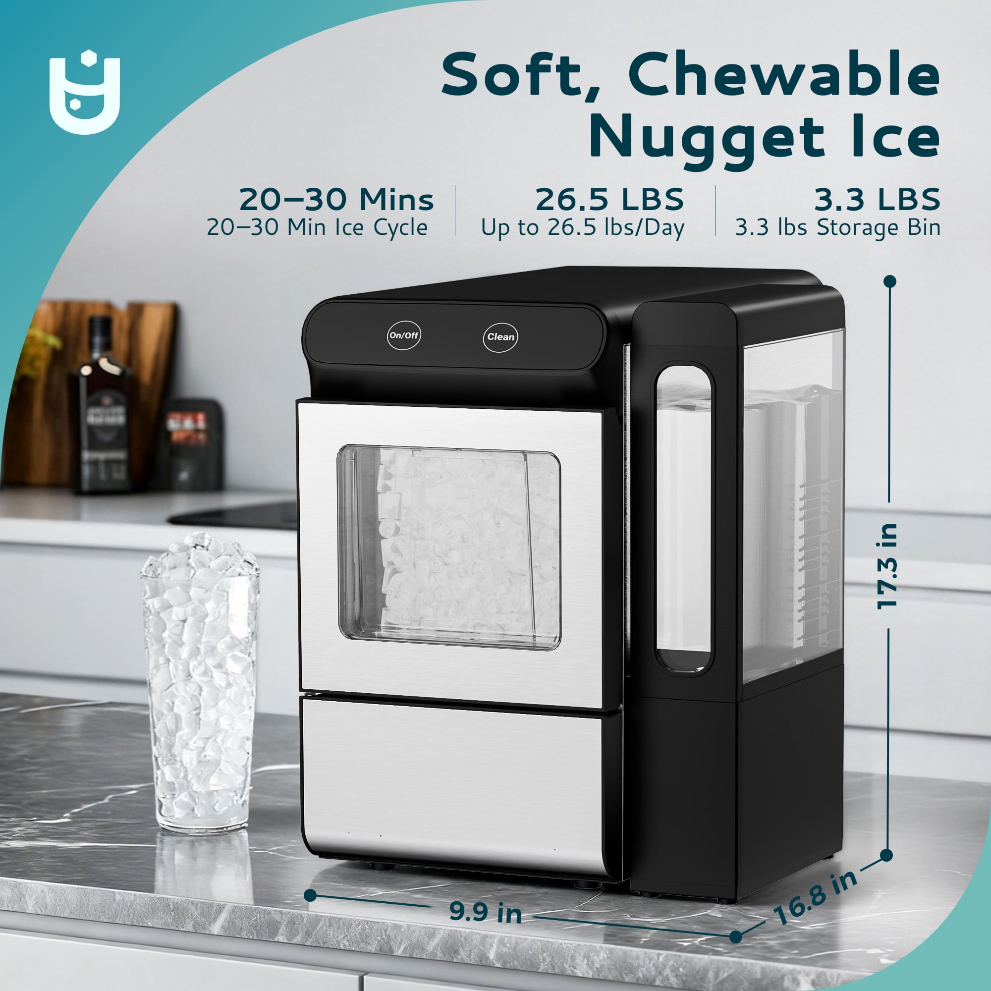 EUHOMY Countertop Nugget Ice Maker with External Water Tank, 26lbs/24H Chewable Ice Machine, Touch Control, Stainless Steel