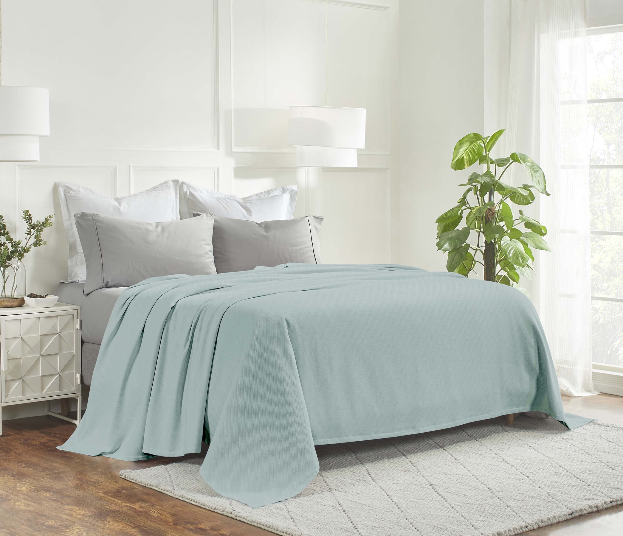 Superior Milan Cotton Textured Striped Woven Blanket, King, Aqua