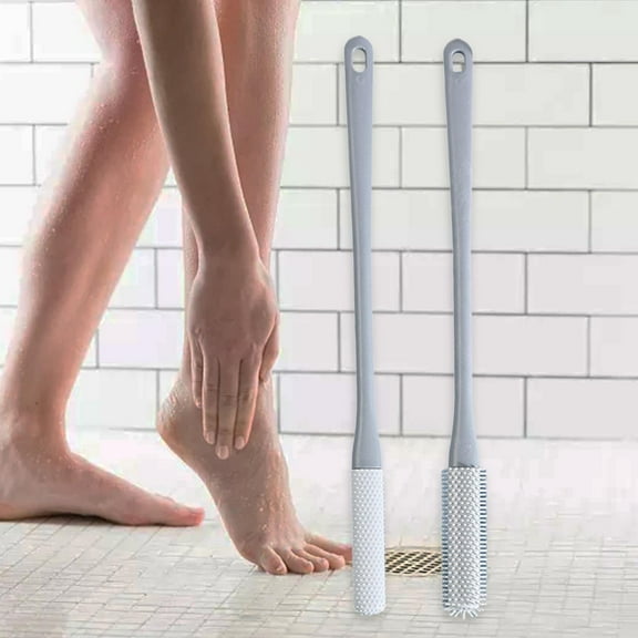 TOOYFUL 2 Pieces Soft Toe Crevice Cleaning Brush, Long Handle 40cm Soft Feet Cleaner Scrub, Silicone Foot Brush for Elderly Women Men Gray