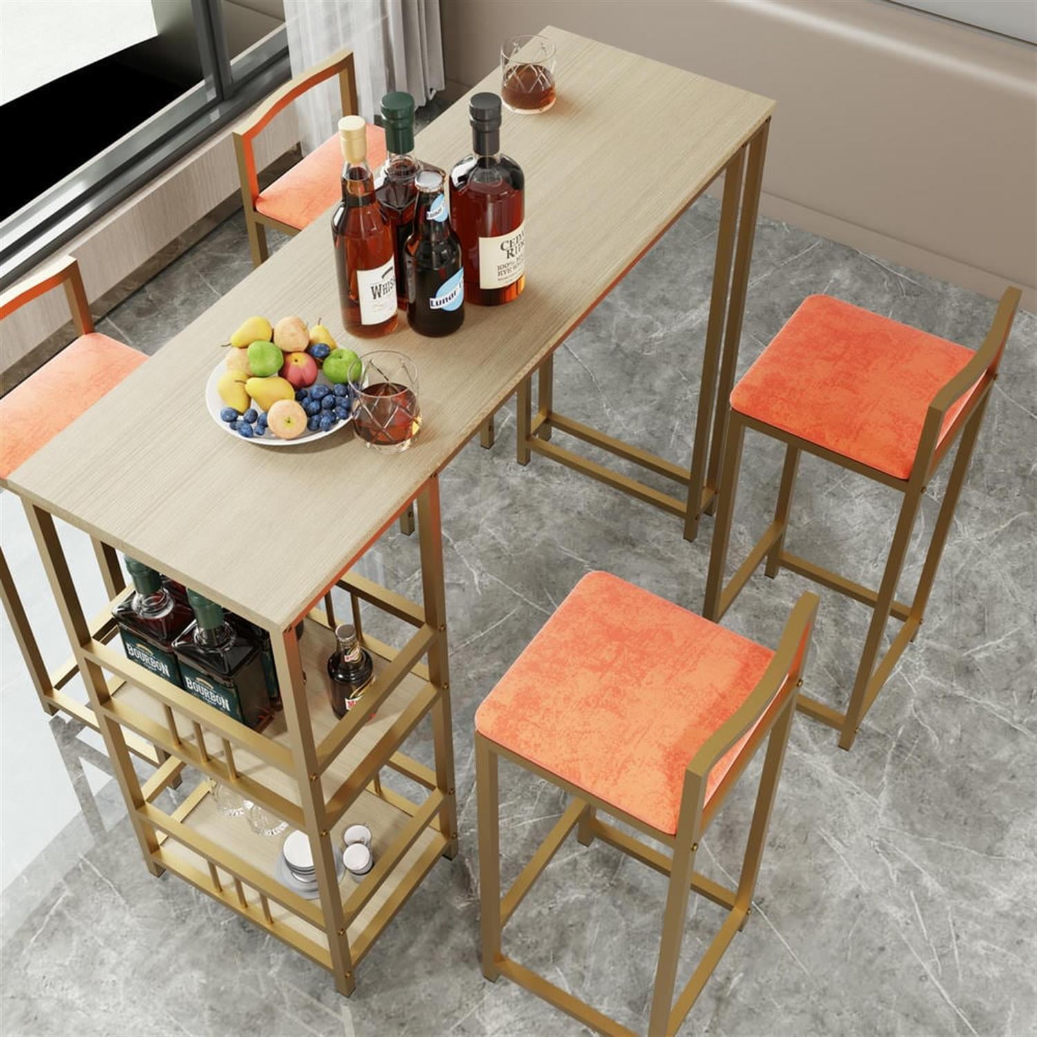 Demi Bonn 5-Piece Dining Table Set with 4 Upholstered Bar Stools and Storage, Kitchen Bar Table Furniture Sets for Dining Room, Apartment, Orange
