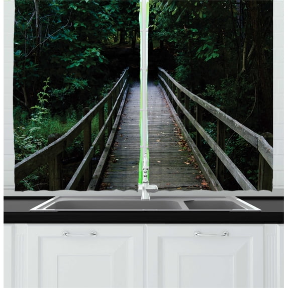 Dark Forest Kitchen Curtains, Wooden Bridge Leading into the Woods at Allaire State Park New Jersey, Two Panels Drapes with Rod Pocket Room Decor, 55" X 45", Charcoal Grey Green, by Ambesonne