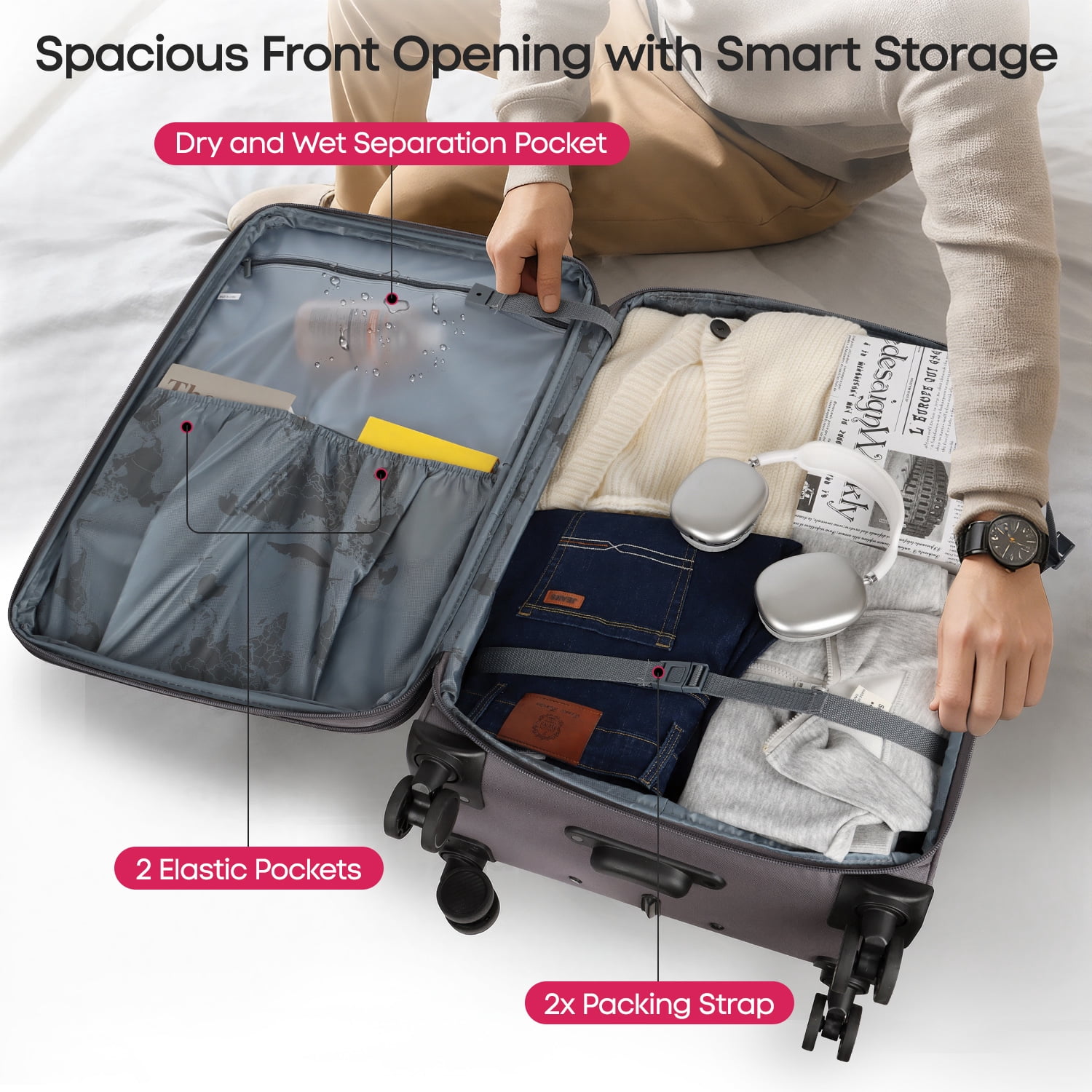 New York Xpress 2-Piece Softside Expandable Spinner Luggage Set, 22" Carry-on and 32" Checked with TSA Lock, Grey - WD8817