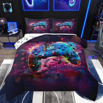 Homewish 3D Game Console Queen Comforter Set for Kids, Futuristic Gamepad Bedding Sets, Artwork Watercolor Reversible Bedding Comforter Set, Breathable Home Decor, 3 Pieces