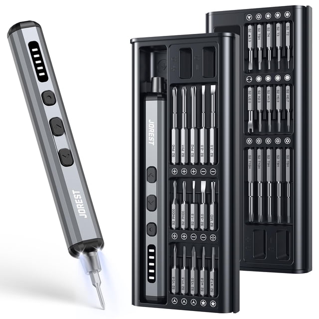 JOREST Mini Electric Screwdriver, Precision Set with 38-in-1 Magnetic Bits, 5 Torque Settings, LED Light, Repair Tool Kit for iPhones, Lapt