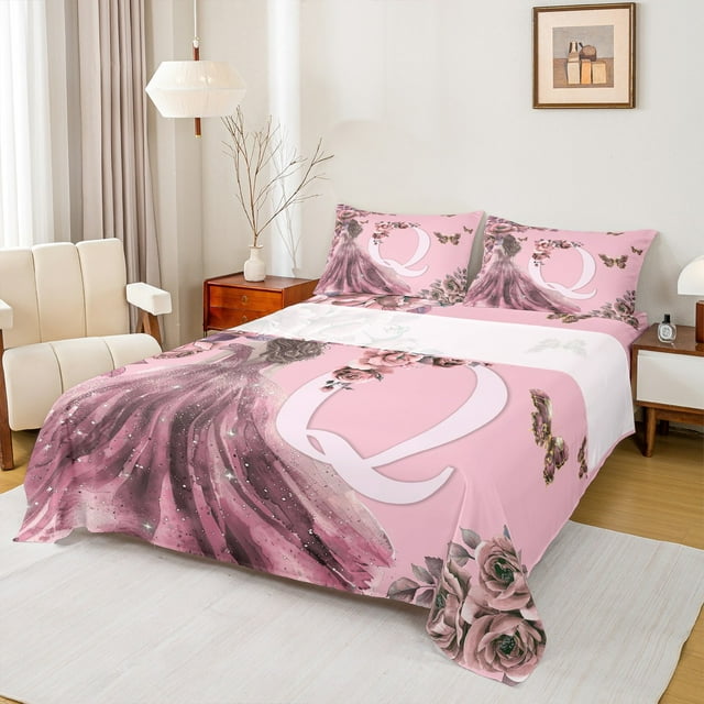 Erosebridal Ensemble de Draps Flower Initial Q Format Simple, Draps de Lit Robe de Princesse Simple, Ensembles de Draps Simple Conte de Fées, Décoration de Chambre Légère, 3 Pcs