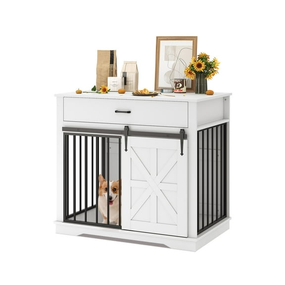 Multi-Functional 37.8" Dog Crate Furniture with Sliding Barn Door and Storage Drawer, Wooden Indoor Kennel Table for All Size Dogs