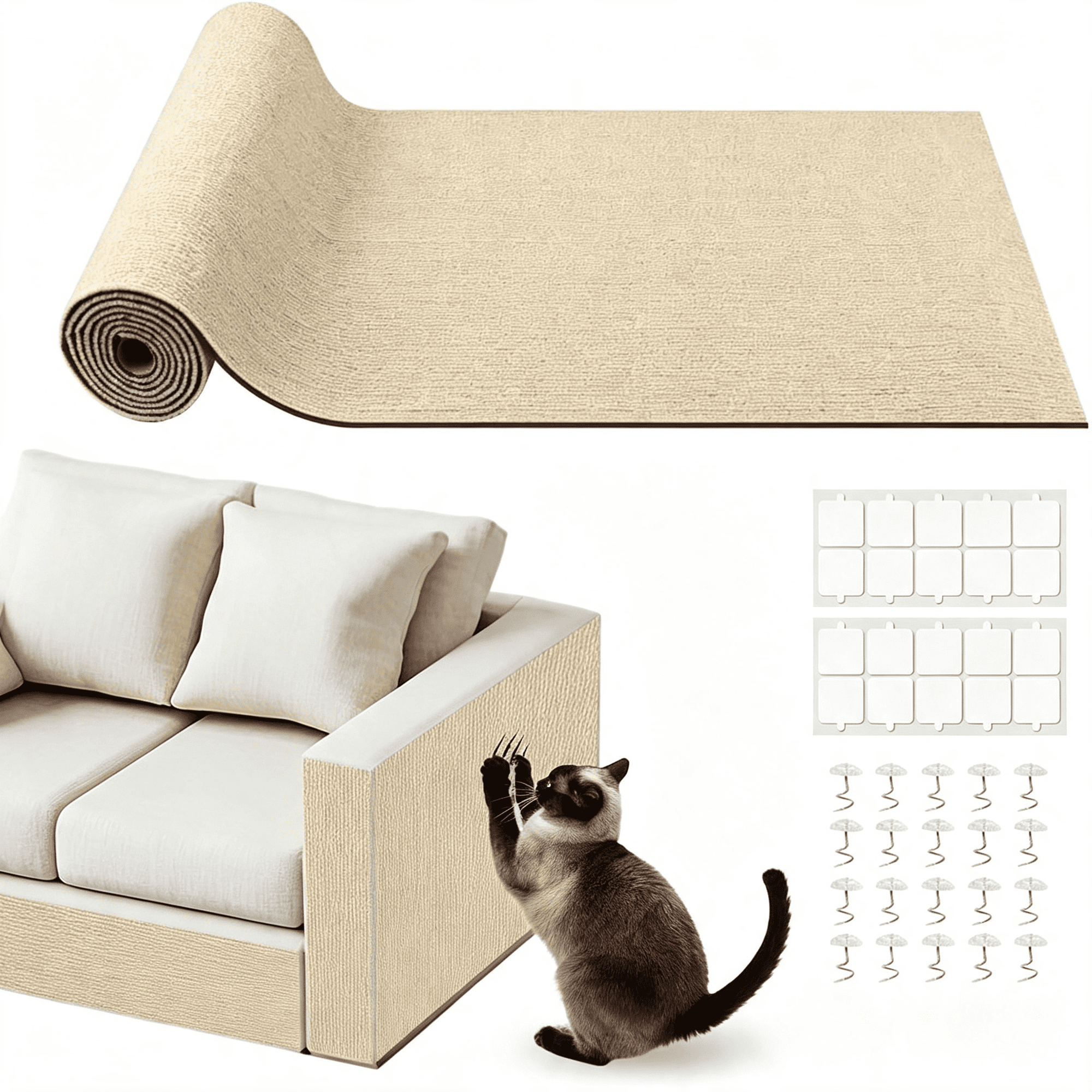 LQSEO Cat Scratch Furniture Protector for Couch Wall&Door Guard Trimmable Self-Adhesive Scratch Pad Diy Climbing Mat Deterrent Scratching Post Replacement (78.7 X15.8 Khaki)