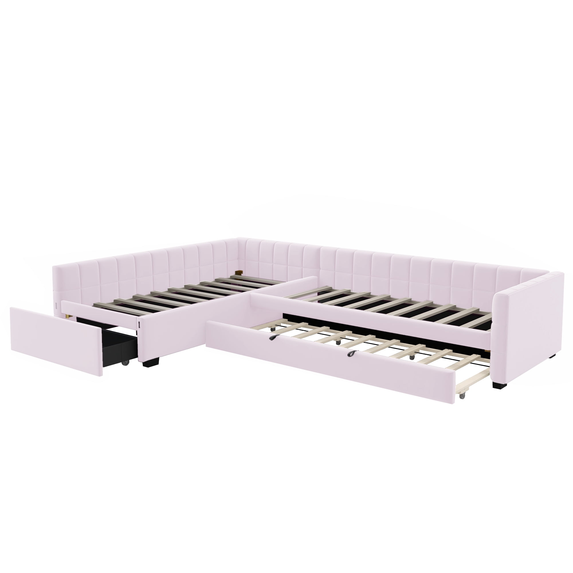 Euroco Upholstery L-Shaped Twin Platform Bed with Trundle and Drawer, 3 Beds in 1, No Spring Box Needed, Pink