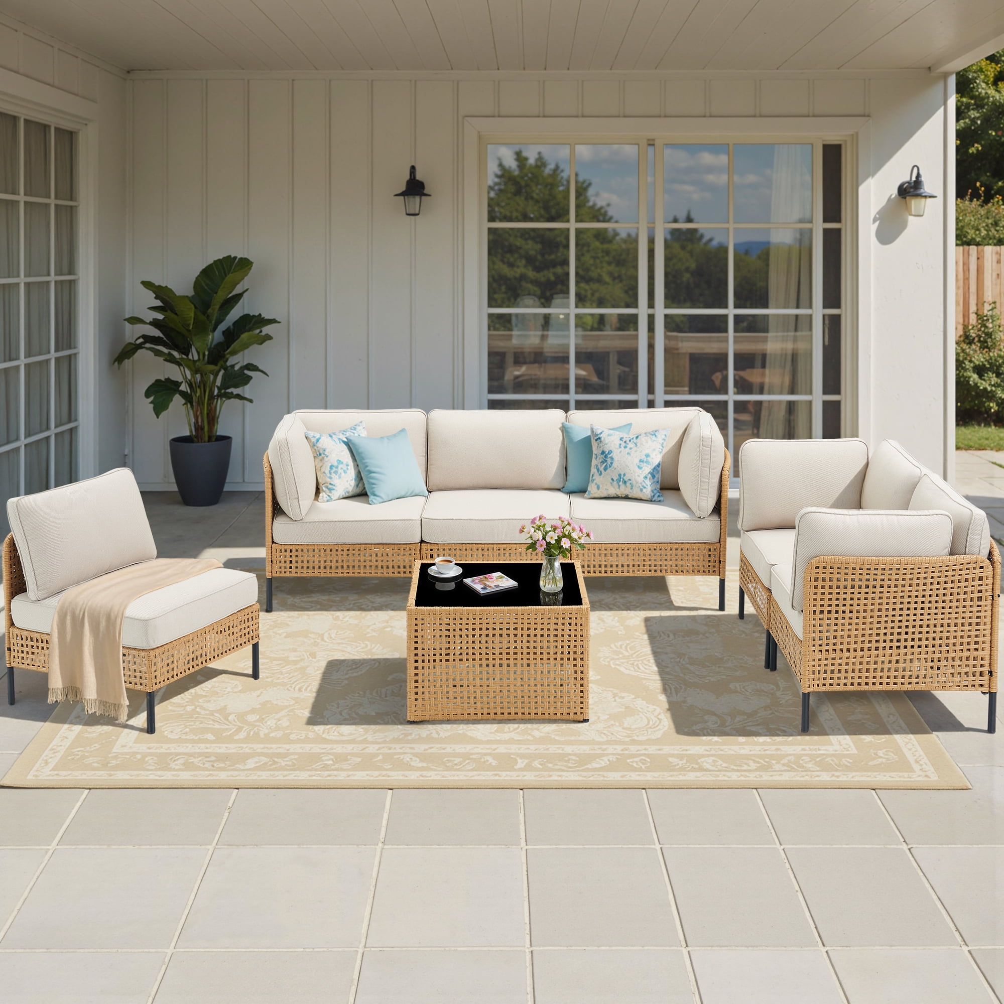 Feishominoo 7 Piece Patio Sectional Furniture Sets, All Weather Wicker Outdoor Conversation Sets with Coffee Table and Beige Cushions, for Balcony, Porch, Backyard
