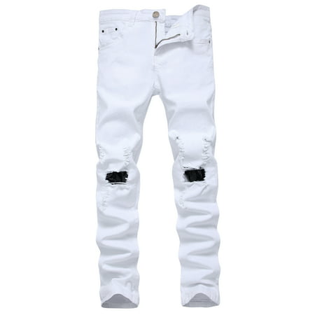 Ripped Straight Denim Jeans Mens Boys Destroyed Frayed Zipper Trousers Hip Hop Slim Fit Casual Pants Outwear Streetwear White (Best Way To Fray Jeans)