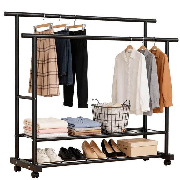 SUSUZI Heavy Duty Double Rod Clothes Rack with Wheels, Rolling Garment Rack with 2 Storage Shelves & 6 Hooks, 180LBS Metal Clothing Rack for Bedroom, Closet & Laundry Room, Black