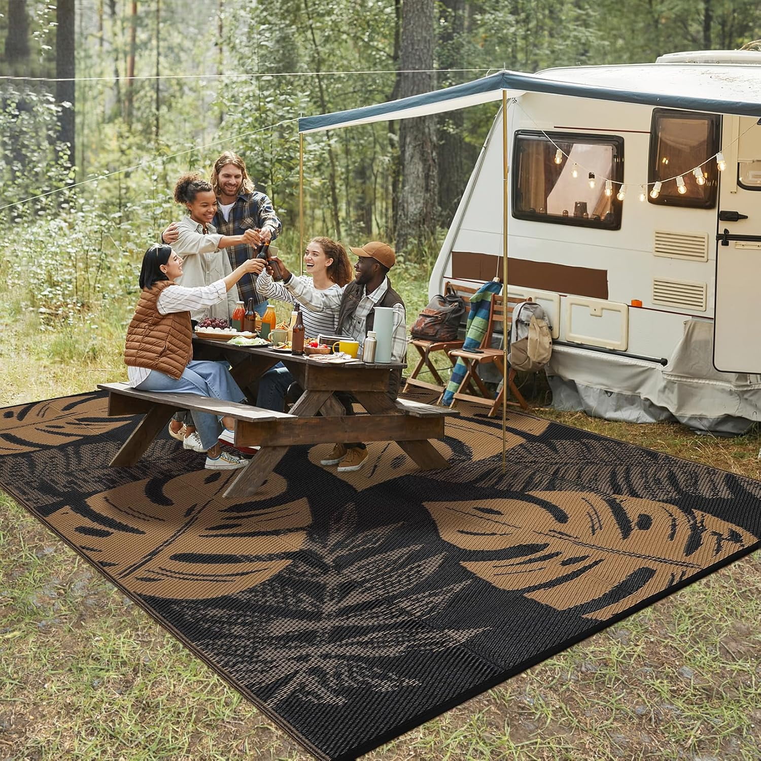 Funslane Outdoor Rug 8' x 10', Waterproof Plastic Straw Mat, Foldable & Reversible, Indoor Outdoor Rugs for Patio, Deck, RV, Beach, Picnic, Black/Brown