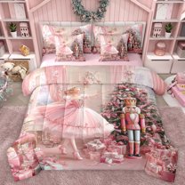 Homewish Kawaii Ballet Girls 7 Pieces Bedding Comforter Set,Merry Xmas Full Bedding Set,Vintage Nutcracker Pink Bowtie Gifts Fitted Sheet Flat Sheet,Ultra Soft Home Decor Reversible