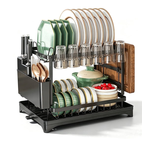 DEGIDEG 2-Tier Dish Rack with Auto Drainage System, Kitchen Dish Drainer, Stainless Steel Utensil Holder, Cutting Board Holder, Black