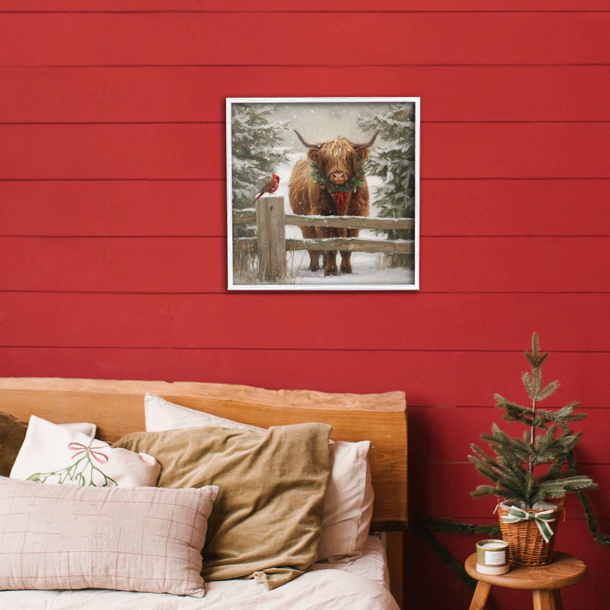 Stupell Industries Christmas Cow & Cardinal White Framed Giclee Art, design by Tina LeCour
