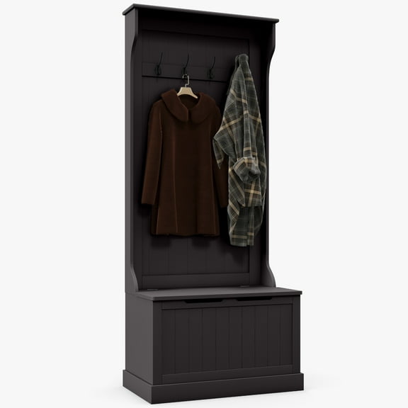 CoSoTower 28" 3-In-1 Entryway Hall Tree with Storage Bench, Coat Rack with Four Hooks and Shoe Storage, Black