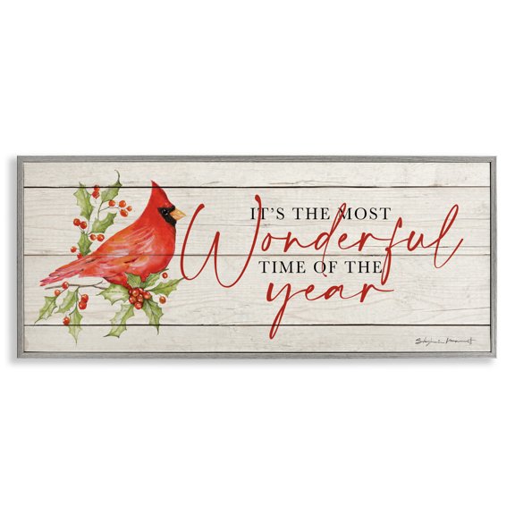 Stupell Industries Traditional Most Wonderful Time Cardinal Gray Framed Giclee Art, 30 x 13, by Stephanie Workman Marrott